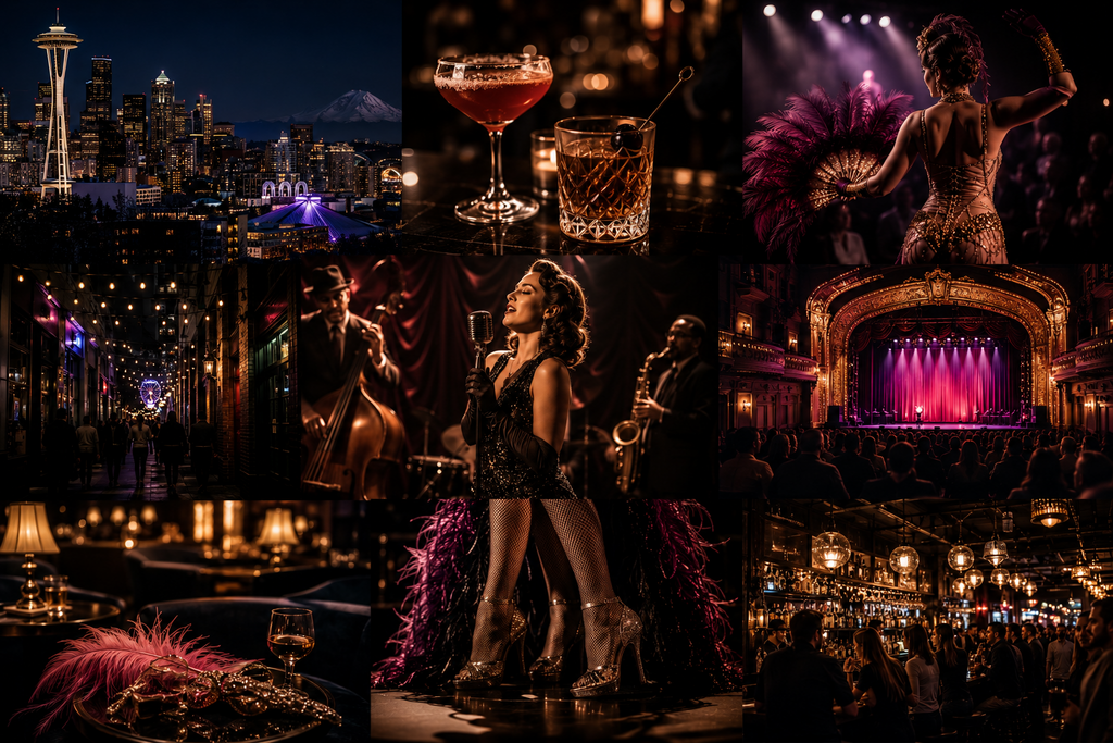 Editorial-style collage showcasing Seattle after dark with illuminated skyline views, live jazz, elegant theater, cabaret performances, stylish cocktail lounges, vibrant nightlife streets, and sophisticated entertainment venues, capturing the city’s diverse evening entertainment scene.