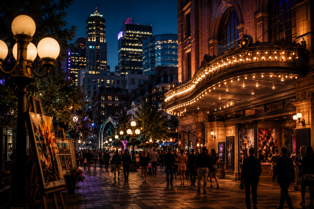 Evening street scene in Seattle’s theater district featuring historic theater architecture, illuminated marquee lights, art displays along a pedestrian-friendly promenade, and visitors exploring the city’s vibrant performing arts and cultural venues.