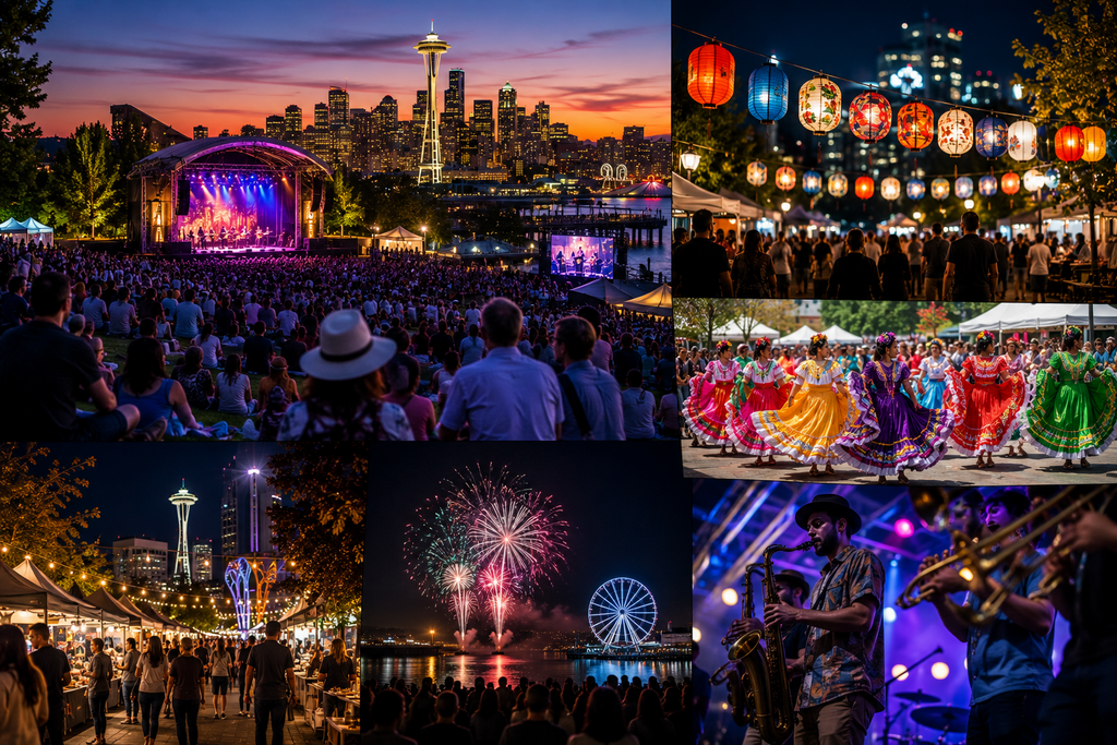 Editorial-style collage featuring Seattle’s outdoor music festivals, cultural celebrations, waterfront concerts, artisan markets, international dance performances, live jazz, evening fireworks, and crowds enjoying the city’s vibrant year-round festival scene.