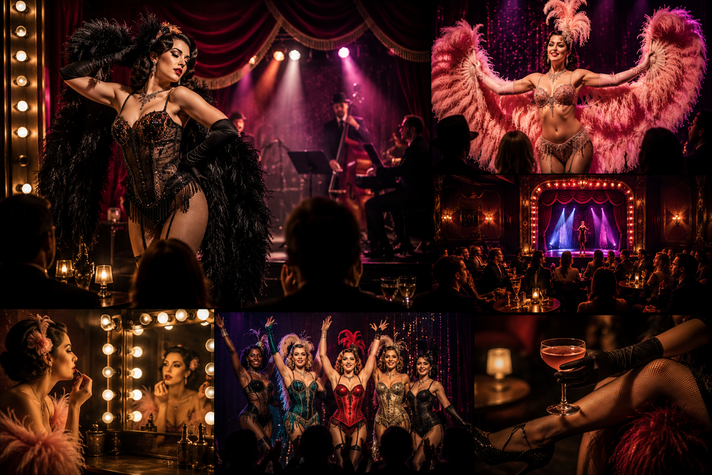 Editorial-style collage showcasing classic burlesque performances in Seattle, featuring elegant stage productions, glamorous costumes, live music, theatrical storytelling, backstage preparation, and intimate cabaret venues that highlight the artistry and entertainment of modern burlesque.