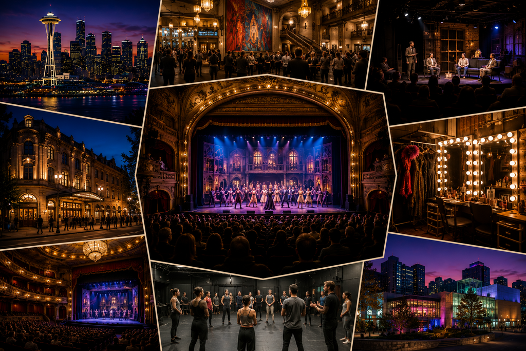 Landscape editorial collage featuring Seattle’s theater scene with historic playhouses, Broadway-style productions, contemporary performance venues, backstage dressing rooms, rehearsal spaces, theater audiences, and performing arts landmarks that showcase the city’s thriving cultural community.