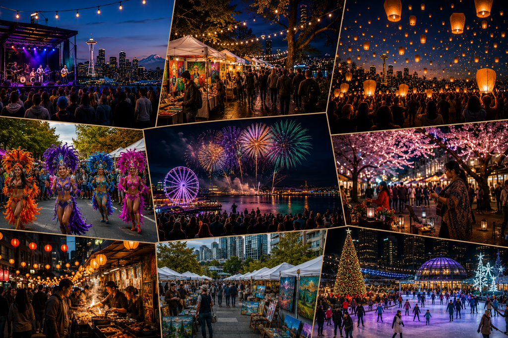Landscape editorial collage featuring Seattle’s seasonal festivals with outdoor concerts, neighborhood street fairs, holiday celebrations, artisan markets, food vendors, live performers, fireworks, cultural parades, and family-friendly community events throughout the year.