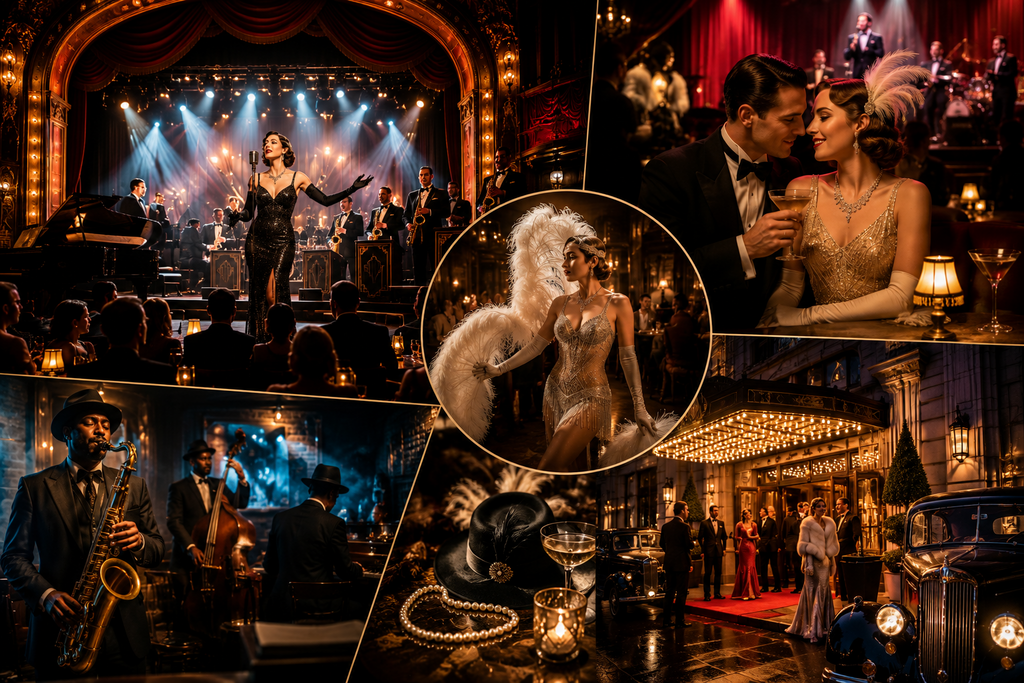 Landscape editorial collage inspired by vintage glamour entertainment featuring elegant cabaret stages, Old Hollywood style performers, classic jazz musicians, Art Deco theaters, glamorous evening attire, luxurious supper clubs, and timeless live performances that evoke the golden age of entertainment.