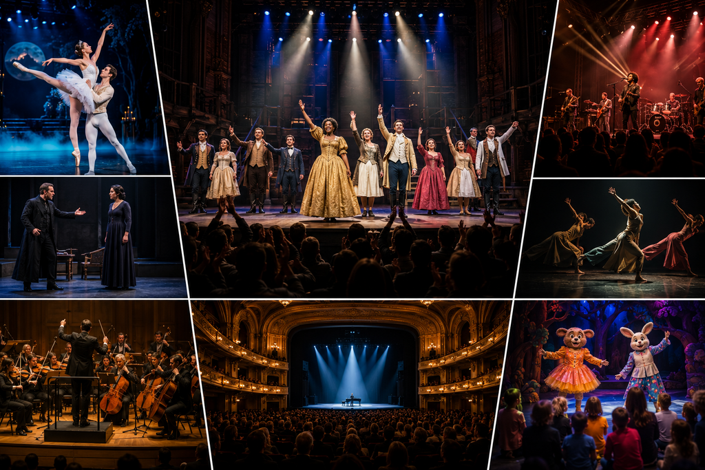 Landscape editorial collage celebrating Seattle’s live performing arts with Broadway-style productions, dramatic theater, ballet, orchestral concerts, contemporary dance, live music performances, family-friendly stage shows, and enthusiastic audiences enjoying unforgettable theatrical experiences.