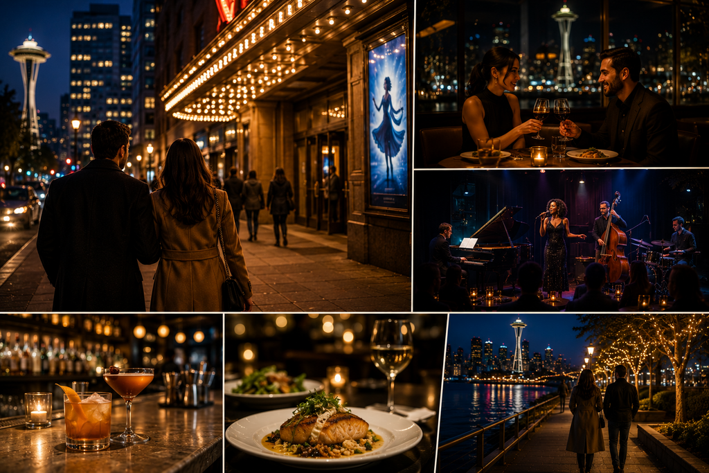 Landscape editorial collage featuring a complete Seattle theater night out with a Broadway-style performance, upscale dining, handcrafted cocktails, live jazz, illuminated theater district streets, and a romantic waterfront evening walk beneath the city skyline.
