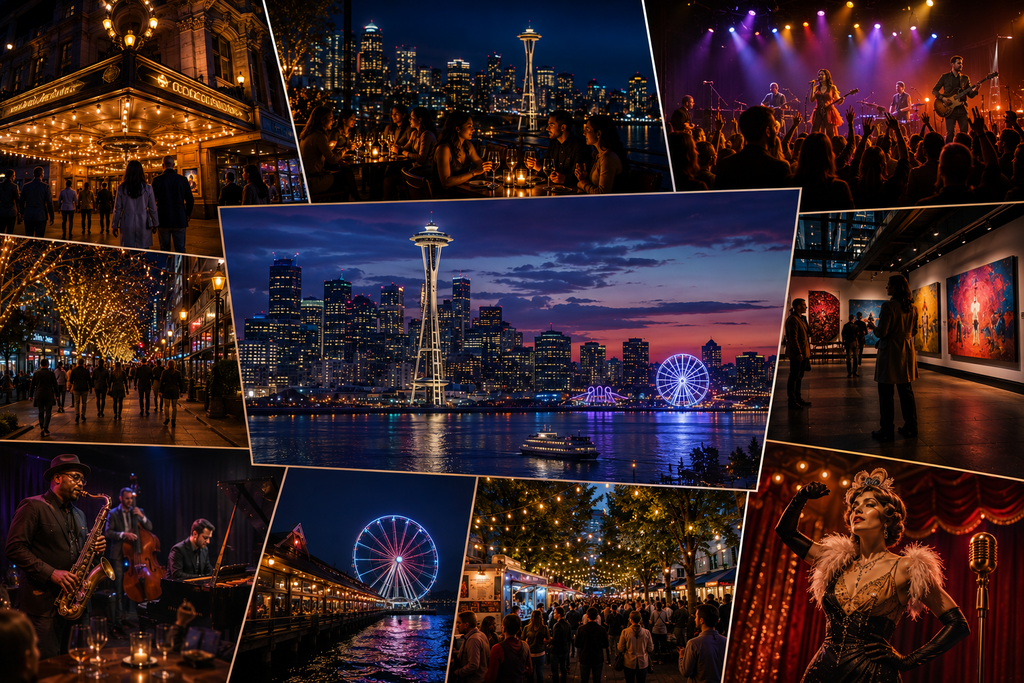 Landscape editorial collage showcasing Seattle’s diverse entertainment scene with theater performances, live jazz, cultural festivals, waterfront nightlife, art galleries, vintage cabaret, downtown evening streets, rooftop dining, and iconic skyline views that inspire visitors to explore more of the city’s nightlife and performing arts.