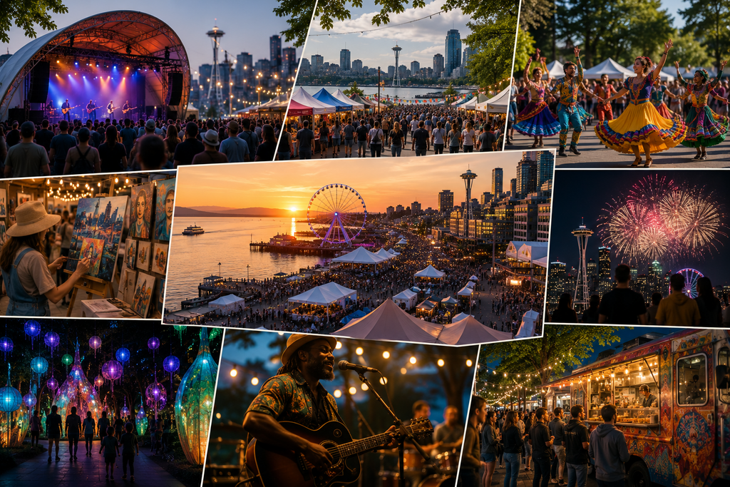 Landscape editorial collage highlighting Seattle’s community festivals with outdoor concerts, cultural performances, local artist markets, food vendors, waterfront celebrations, fireworks, live music, family-friendly activities, and vibrant seasonal events throughout the city.