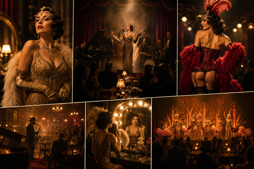 Landscape editorial collage inspired by the golden age of live entertainment featuring elegant cabaret performances, classic jazz musicians, vintage-inspired costumes, glamorous burlesque stage productions, Art Deco interiors, backstage dressing rooms, and sophisticated storytelling through timeless theatrical performances.