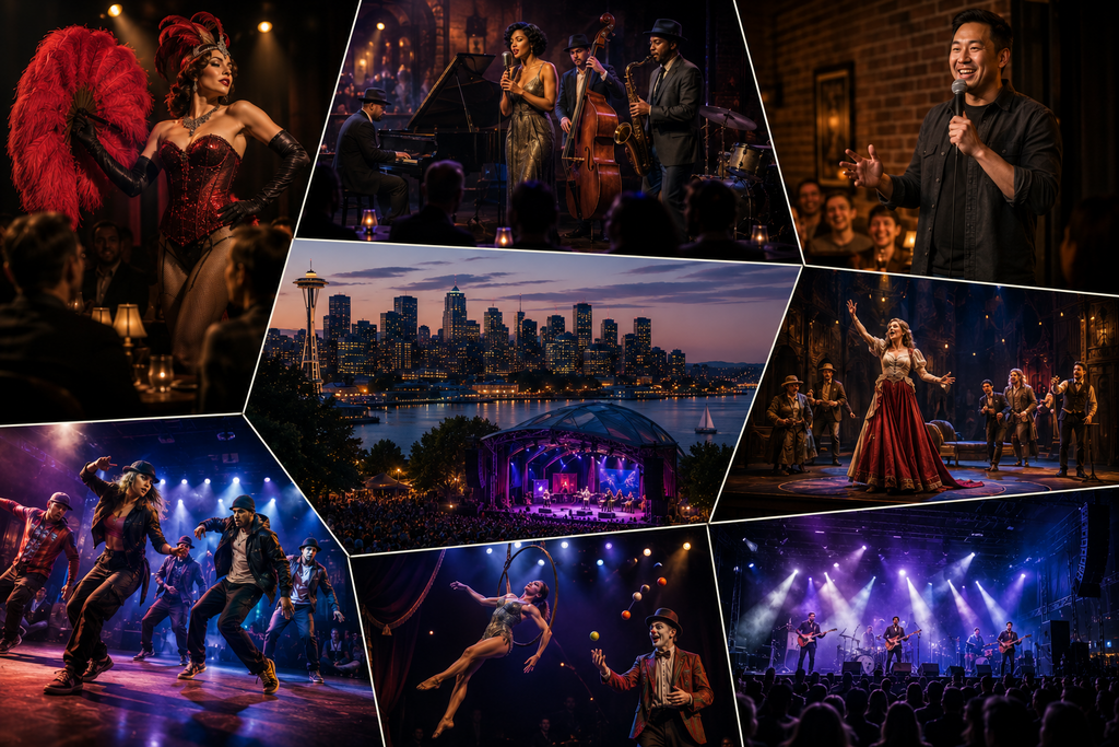 Landscape editorial collage showcasing Seattle’s live entertainment scene with burlesque performances, cabaret shows, live jazz musicians, stand-up comedy, theatrical productions, dance performances, variety acts, outdoor concerts, and audiences enjoying diverse performing arts across the city.