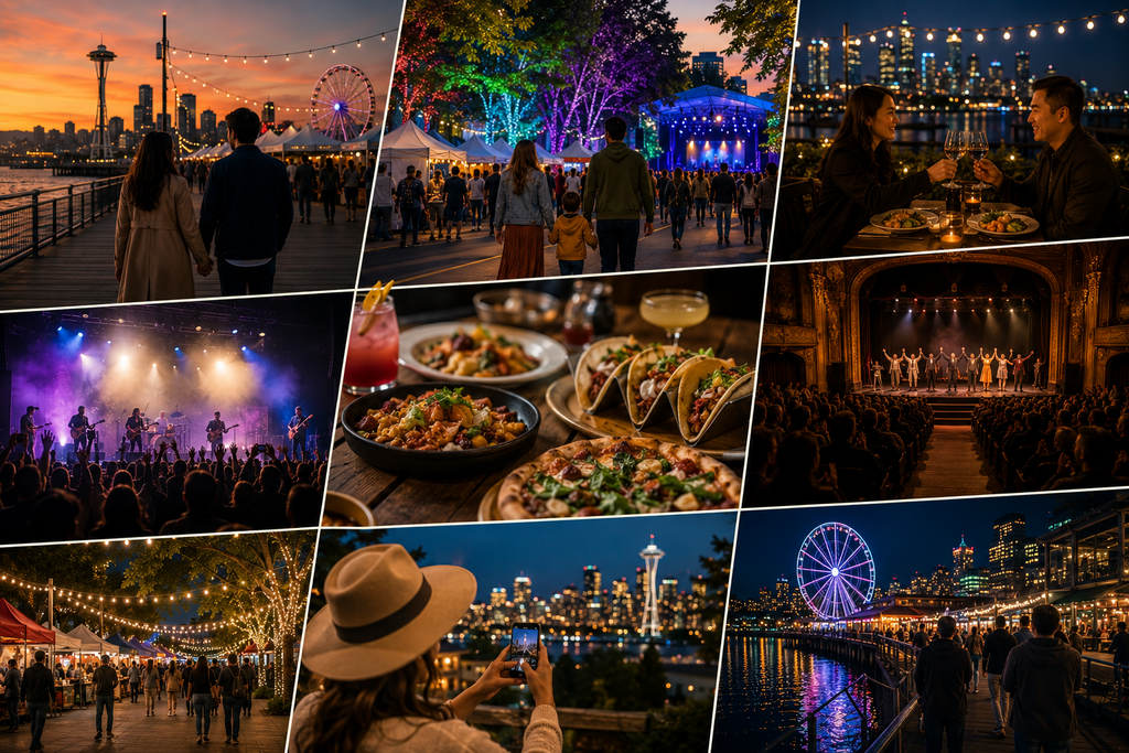 Landscape editorial collage featuring a perfect Seattle weekend itinerary with waterfront festivals, outdoor concerts, theater performances, romantic dining, local food vendors, evening markets, scenic skyline views, and lively nightlife experiences that combine entertainment, culture, and great food.