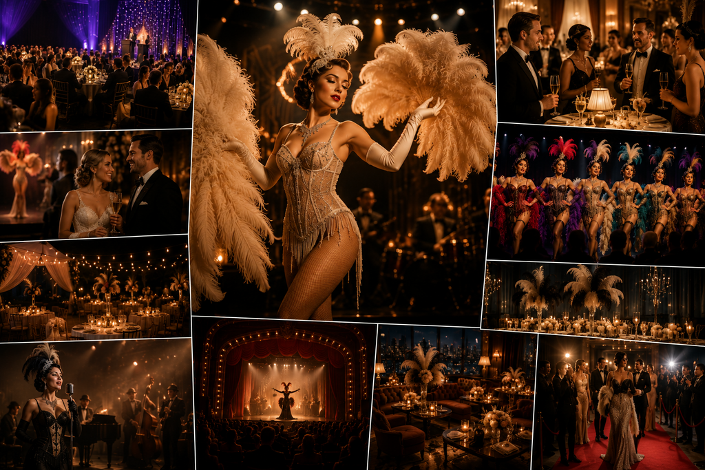 Landscape editorial collage showcasing vintage glamour entertainment for special events, featuring elegant cabaret performances, corporate galas, luxury weddings, anniversary celebrations, cocktail receptions, fundraising events, hotel entertainment, fashion shows, and sophisticated live performances that elevate every occasion.